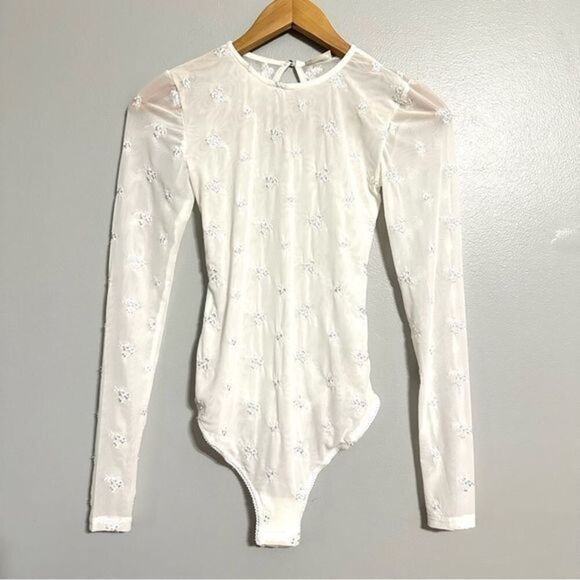 Free People Intimately NEW Women’s XS Make Out Mesh Embroidered Bodysuit Ivory - Picture 1 of 12